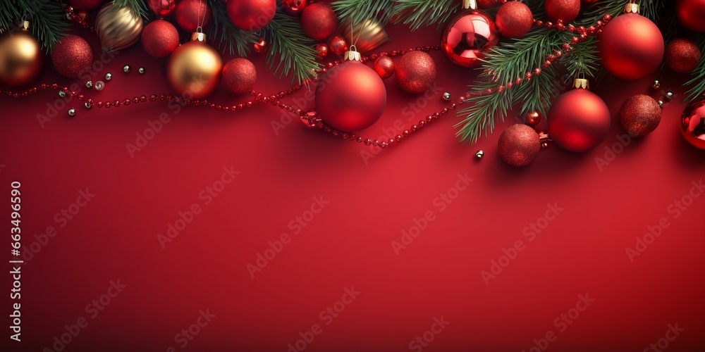 Holiday Christmas card with with lanterns and tree pines on flat red background Holiday Christmas card with with lanterns and tree pines on flat red background