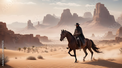 cowboy riding a horse through the desert and mountains of western world