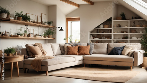 Beige loft corner sofa with shelves in Scandinavian Attic, Minimal style home interior design of modern living room. ai generative photo