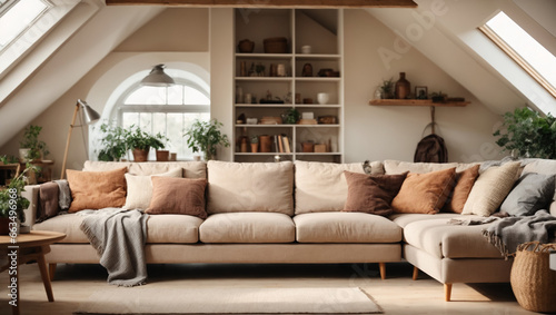 Beige loft corner sofa with shelves in Scandinavian Attic, Minimal style home interior design of modern living room. ai generative