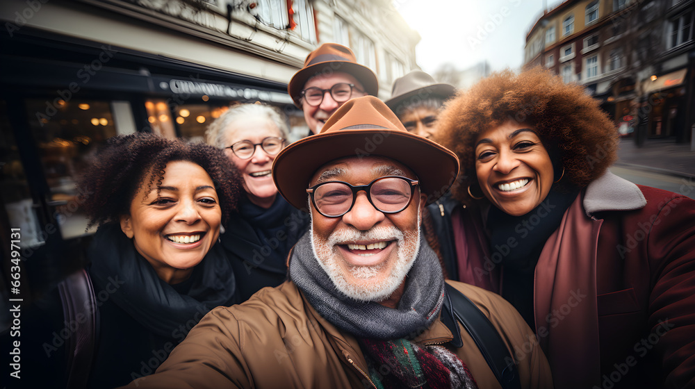 Multiracial senior friends having fun together during winter time with city on background. Older people taking selfie picture. Travel and elderly community lifestyle concept Multiracial senior friends having fun together during winter time with city on background. Older people taking selfie picture. Travel and elderly community lifestyle concept