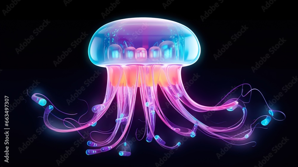  a colorful jellyfish floating on a black background in the dark.  generative ai