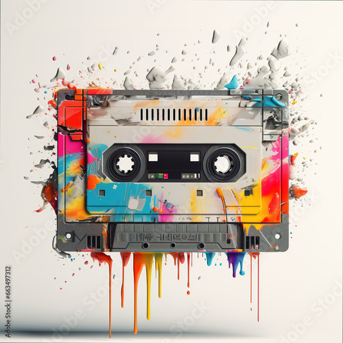 VHS tape 3D illustration with colorful splash over white background
