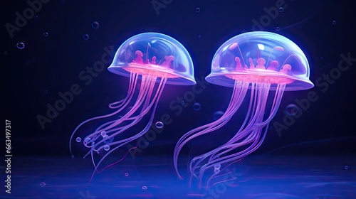  a couple of jellyfish floating in a dark blue ocean. generative ai