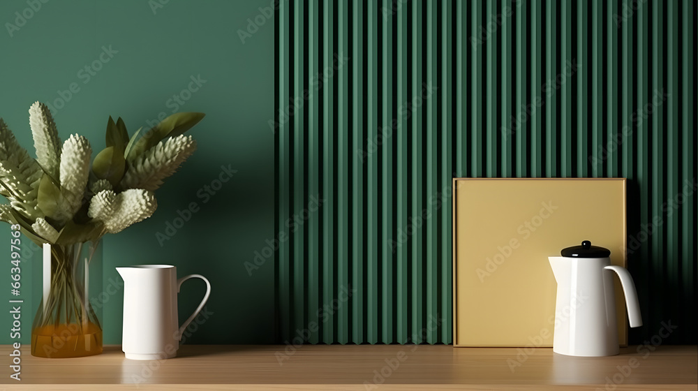 Mock up poster frame in kitchen interior and accessories with dark green wooden slatted wall background. - obrazy, fototapety, plakaty 