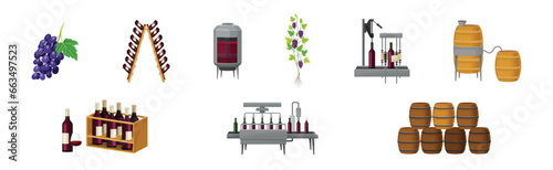 Grape Wine Production with Alcoholic Fermentation Process Vector Set
