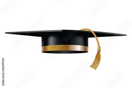 Graduation cap. Black educational student hat with golden tassel. Element for degree ceremony and educational programs design. College, high school or university cap isolated on white background