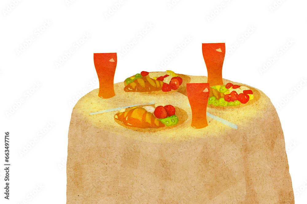 Fototapeta premium Ilustracja śniadanie talerze z owocami na stole obrus w kratkę białe tło