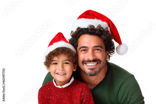 Latin American father and son portrait wearing Santa\'s hat posing over white transparent background