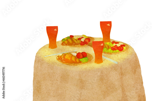 Ilustracja śniadanie talerze z owocami na stole obrus w kratkę białe tło