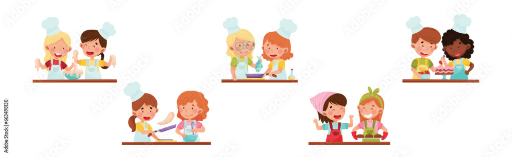 Cooking Children Chef in Toque Engaged in Food Preparation Vector Set Cooking Children Chef in Toque Engaged in Food Preparation Vector Set