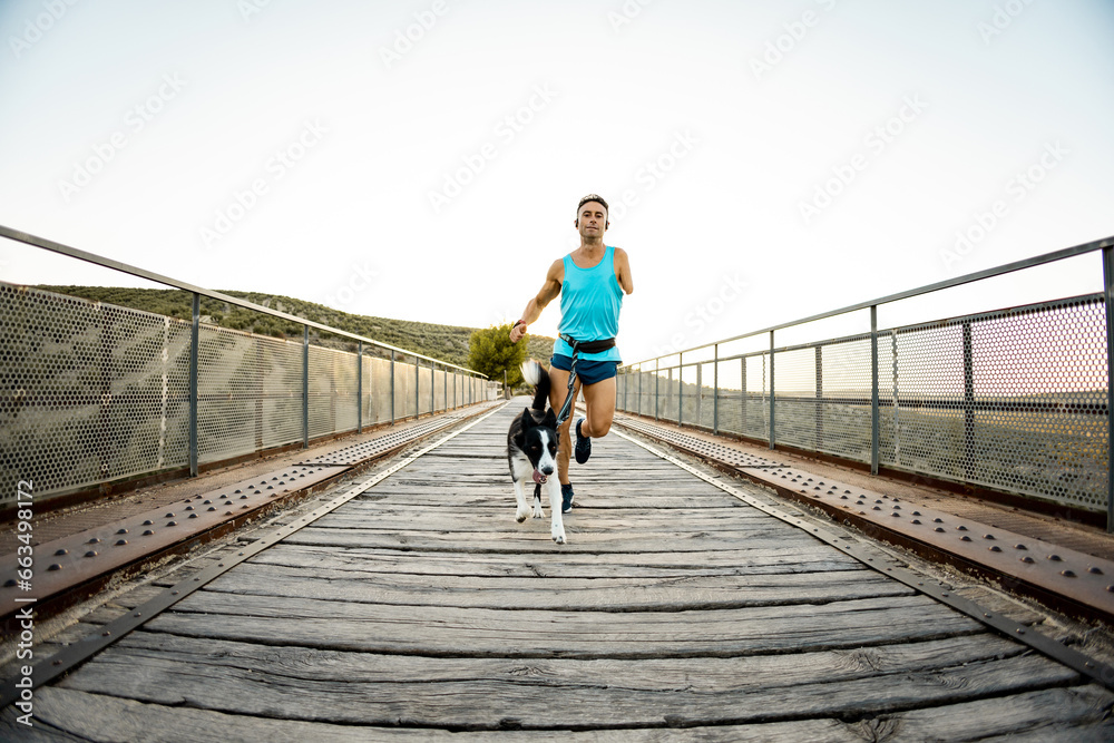Frontal photo of an adult runner with an amputated arm running on an outdoor bridge with a dog attached to a harness. Canicross concept. Activities with a border collie. Running with pets. Frontal photo of an adult runner with an amputated arm running on an outdoor bridge with a dog attached to a harness. Canicross concept. Activities with a border collie. Running with pets.