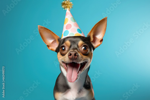 Funny chihuahua dog wearing party hat over blue studio shot background