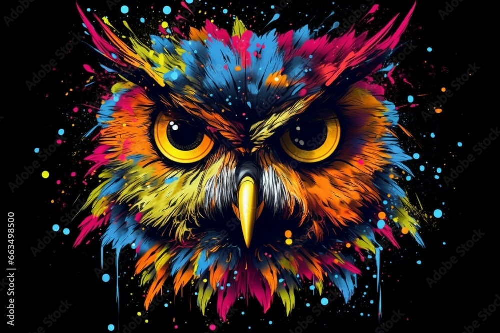 Colorful owl with paint splashes on black background. Generative AI