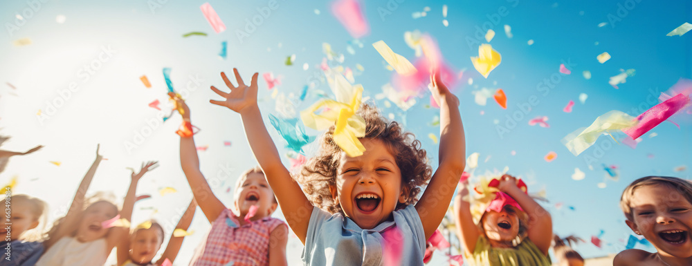 Party scene of little children having fun and playing with colorful confetti outside - obrazy, fototapety, plakaty 
