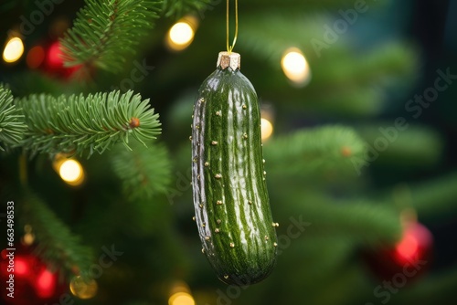 Close up of a pickle shaped sphere hanging from a Christmas tree