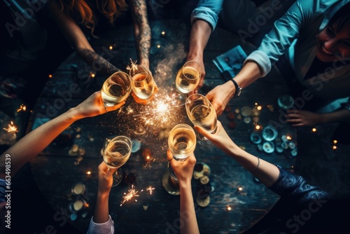 Close up of a group of friends raising champagne glasses photo