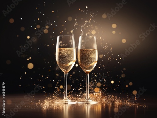 Elegant glasses with drinks on a golden surface