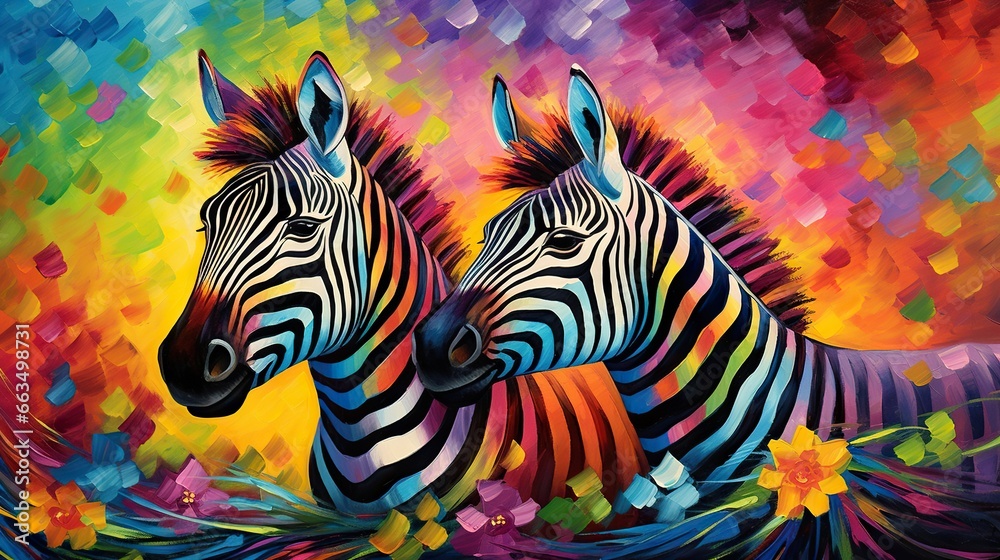  a painting of two zebras standing next to each other.  generative ai - obrazy, fototapety, plakaty 