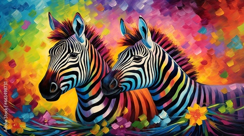  a painting of two zebras standing next to each other.  generative ai © Olga