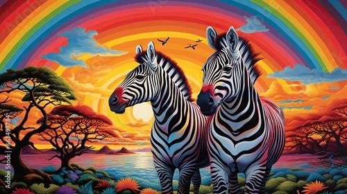  a painting of two zebras standing in front of a rainbow.  generative ai