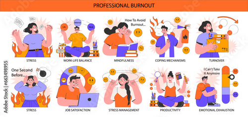 Professional burnout set. Young employee on fire at workplace. Office worker
