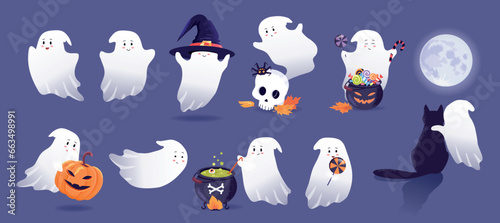 A cheerful little ghost has fun, eats candy, sits with a cat, flies and brews potions. Halloween set illustration