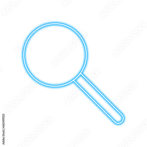 Neon blue magnifying glass icon on transparent background