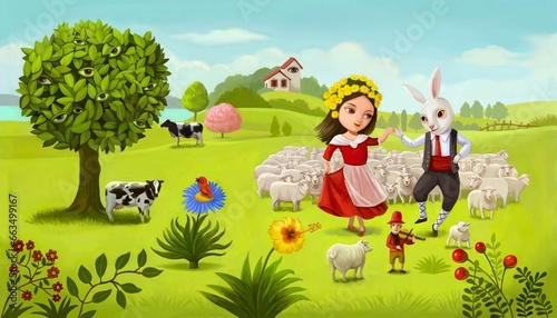 girl with rabbit, birds, fruits, swan, duck, flower, cat, cow, snail, snowman 