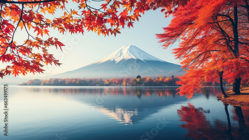 beautiful landscape of mountain fuji in maple leaf around around lake yamaka lake in autumn season