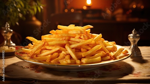  a plate of french fries on a table with a candle in the background.  generative ai