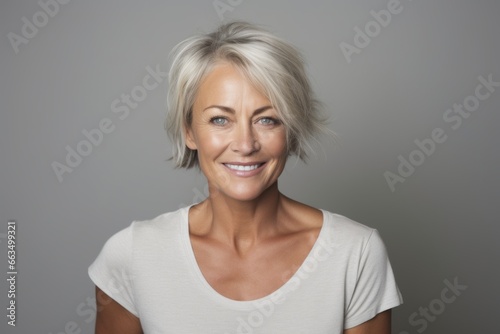 Mature woman with short grey hair looking at camera with smile.