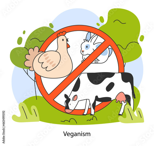 World vegan day. Go vegan. Farm animals with crossed sign. Cruelty