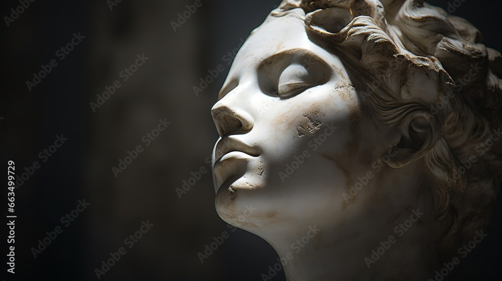 Marble head of a woman with soft atmospheric lighting. Created with Generative Ai technology.