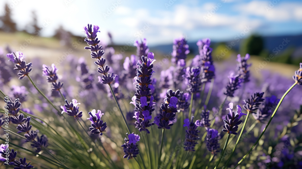 Obraz premium Close-up of a lavender field under a cloudy sky.