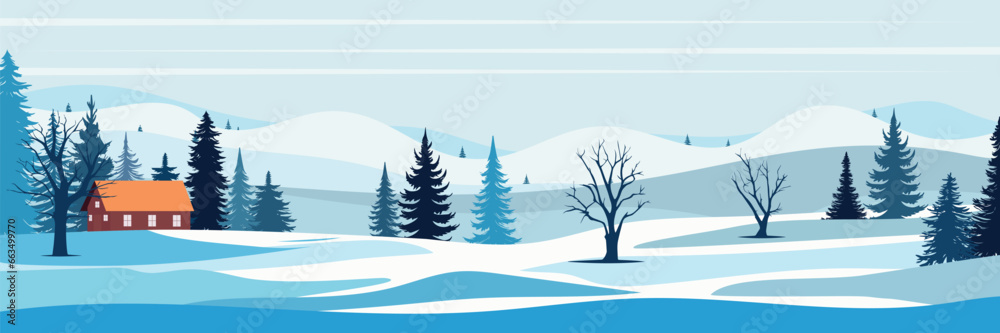 Winter landscape. Winter view with mountain, tree, pine tree, snow and house. Winter background. Vector illustration.