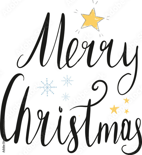 Merry Christmas black handwritten text. Merry christmas  black sign golden stars. Merry Christmas Cector decoration. photo