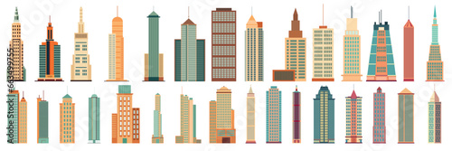 Big set of skyscrapers isolated on white background in flat style. Large collection of skyscrapers. Vector illustration. photo