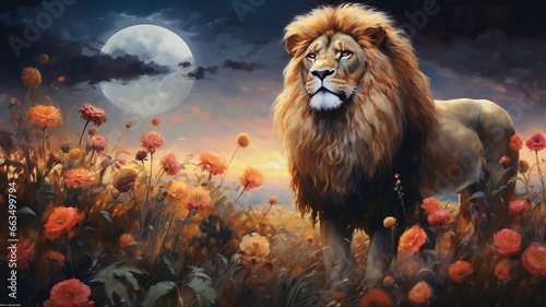 lion in a flower field at night
