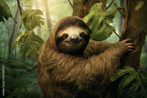 A sloth in the jungle maintaining biodiversity and rainforest ecosystem. Generative AI