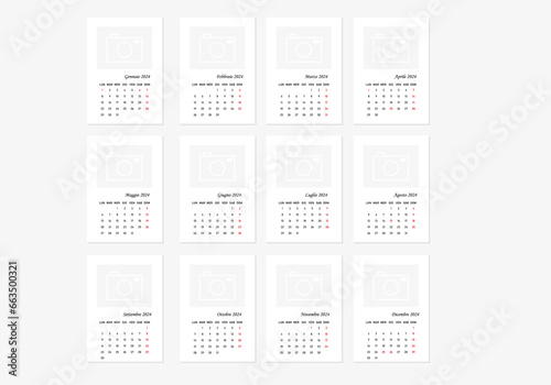 2024 calendar minimalist on italian language with italian holidays. Week start on monday. Calendar with place for photo.