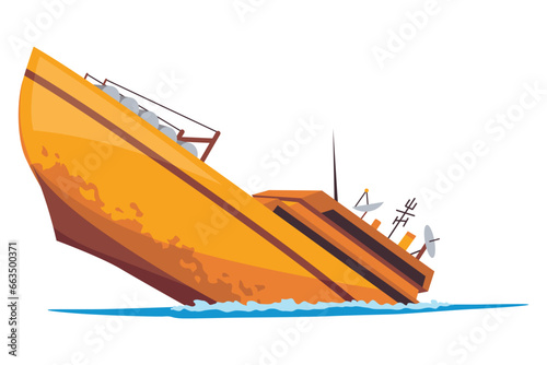 Damaged ship. Crash or accident in sea. Marine catastrophe. Cargo ship sinking in flat design. Vessel failure, rescue problem nautical transportation