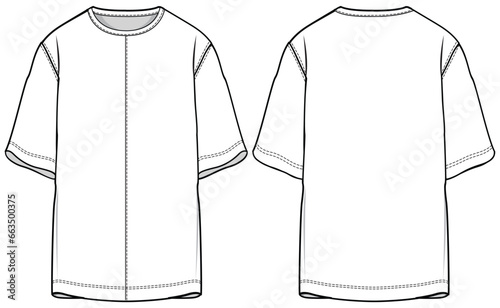 Men's Short sleeve Oversize Crew neck T Shirt flat sketch fashion illustration drawing template mock up with front and back view, Oversized baggy round neck t-shirt vector template