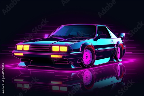 Retro car in neon purple. 80s style  cyberpunk  phonk genre. Generative AI