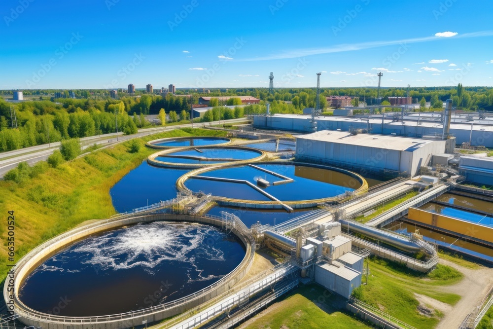 A sprawling wastewater treatment plant seen from above