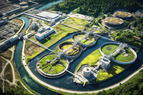 A cityscape with a river flowing through, showcasing the wastewater treatment plant from an aerial perspective