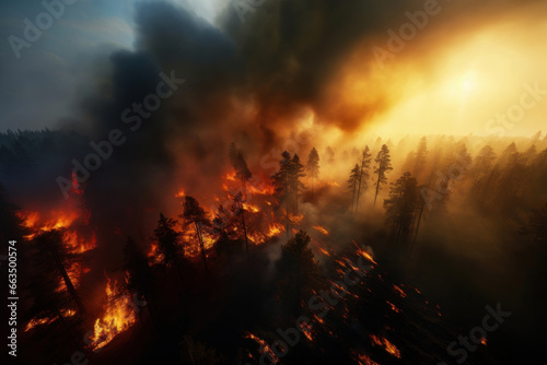 very powerful forest fire, burning and deciduous coniferous fore