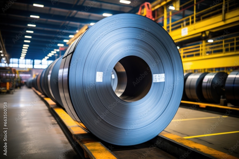 A roll of cold rolled steel on a conveyor belt in a factory or warehouse A roll of cold rolled steel on a conveyor belt in a factory or warehouse