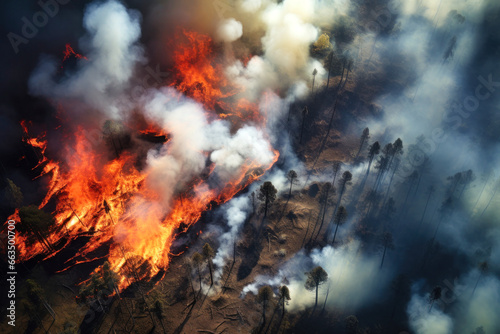 very powerful forest fire, burning and deciduous coniferous fore