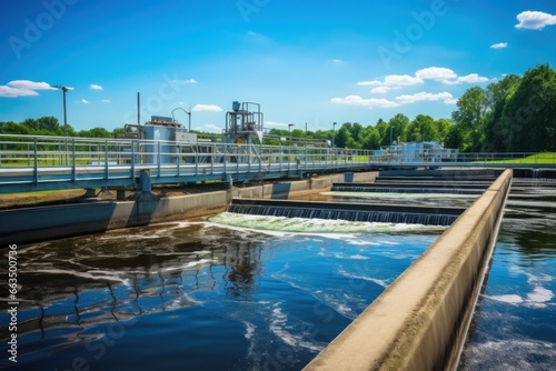 A bridge over a serene body of water near a wastewater treatment plant